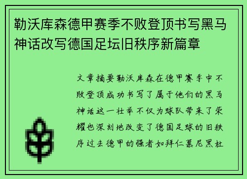 勒沃库森德甲赛季不败登顶书写黑马神话改写德国足坛旧秩序新篇章